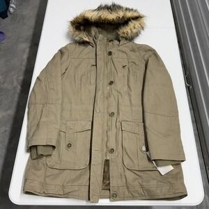 Inked & Faded Mens Tan Canvas Utility Parka Faux Fur Lined Hooded Jacket NWT